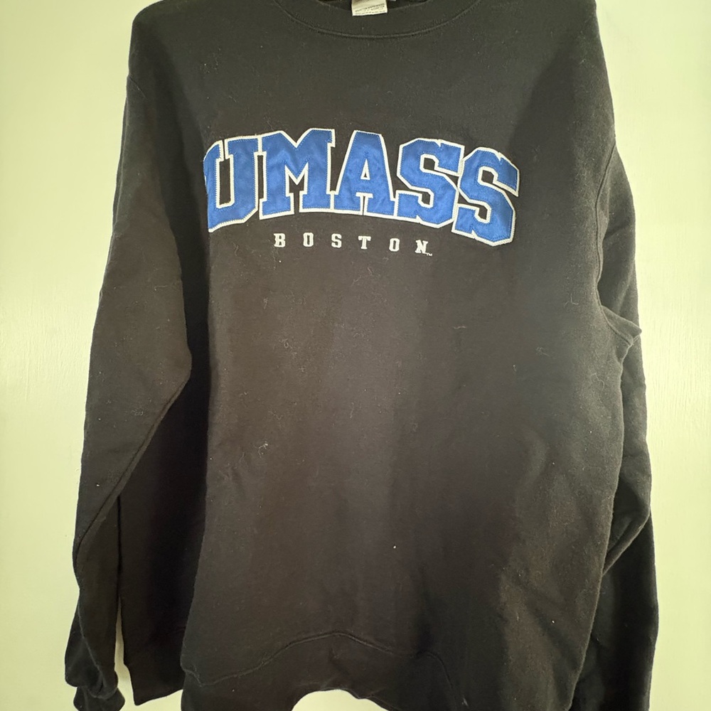 Champion Black Crewneck Sweater with Blue UMass Boston Logo